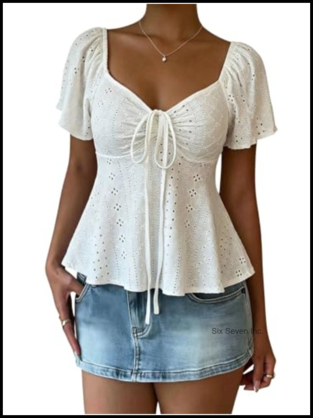 Women's Peplum Blouse Sweetheart Neck Short Sleeve Eyelet Babydoll Top